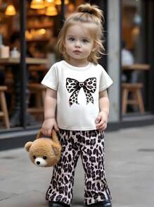 Set van 2 stuks voor baby's/peutermeisjes: T-shirt met luipaardprint en broek met uitlopende pijpen, casual, comfortabele en modieuze outfit voor babymeisjes om in de zomer te dragen