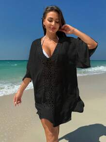 Swim Lushoire Vacation Beach Solid Color Hollow Out Crochet Patchwork Cover Up