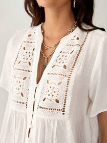 Florisole Blusa suave de mujer con decoración de botones, bordado y patchwork de encaje vintage de otoño