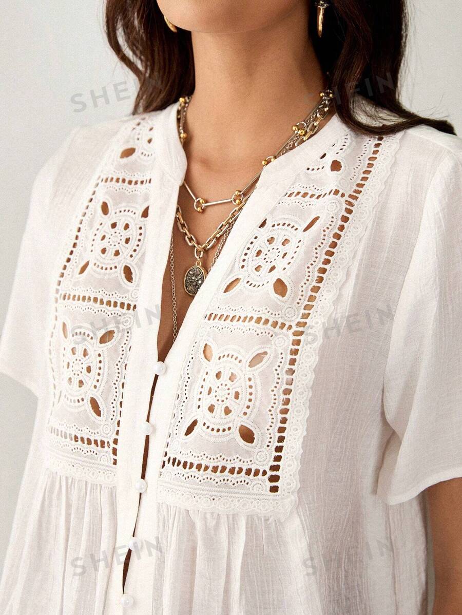 Florisole Blusa suave de mujer con decoración de botones, bordado y patchwork de encaje vintage de otoño