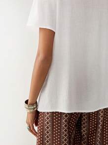 Florisole Women's Boho Tie Neck Blouse With Delicate Embroidery, Short Sleeves, Regular Length - White - View 7