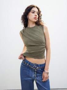 LYSMO Women's Sleeveless Ruffle Hem Fitted Washed Vintage Style Top, Casual Wear - Green - View 1