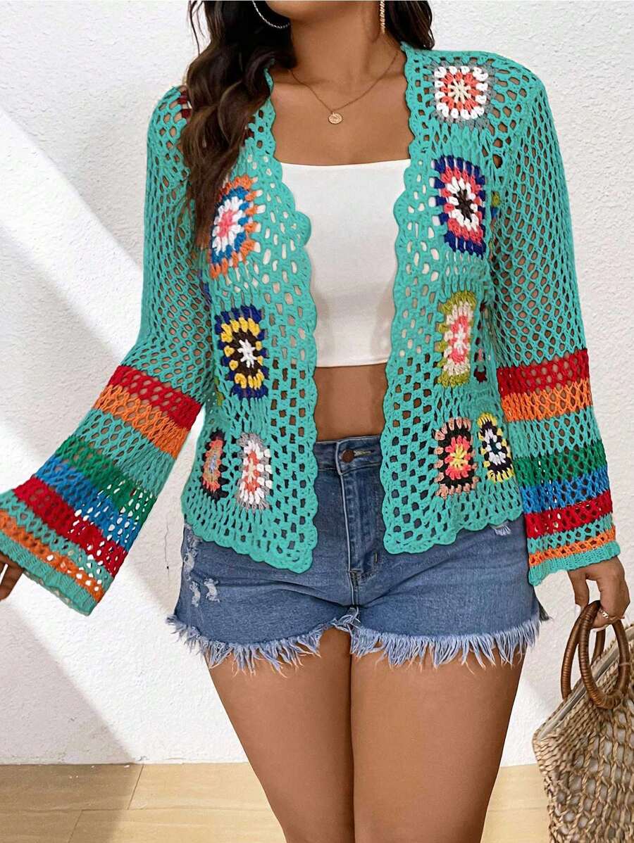 Flirla Plus Size Women Floral Pattern Crochet Open Cardigan Sweater - Green - View 1
