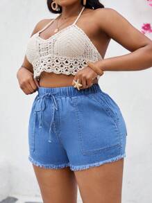 Slaydiva 加大码蓝色弹力腰修身牛仔短裤，适合夏季、度假女性、复活节、春季、西部风、女性办公室、狂欢派对、迎婴派对、乡村风、乡村女性、纳什维尔、毕业典礼、西部风服装 - 藍色 - 查看 3