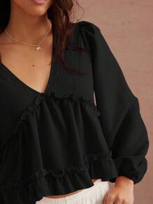 WESTFADE Valentine's Day Pink Mixed Media Knit & Woven V Neck Babydoll Long Sleeve Top Festival