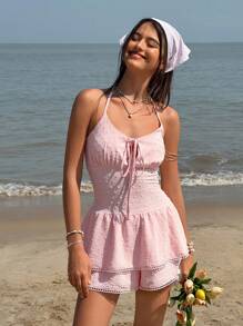 Jouncy Bộ đồ liền thân ren xếp nếp màu hồng dành cho nữ - Hồng - Xem 3