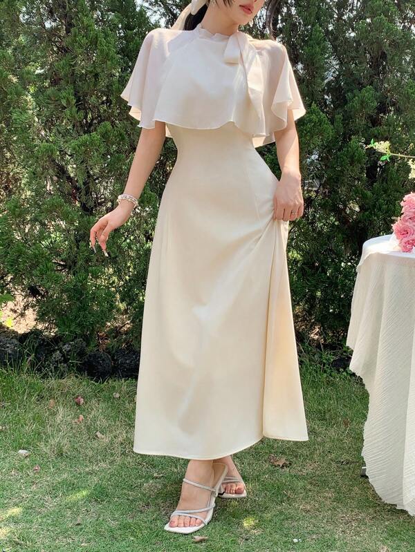 DAZY 1pc Women's Mesh Patchwork Cinched Waist Bow Chiffon Splice Elegant Ruffle Hem Long Dress, Lightweight Summer Resort Style Outfit, Suitable For Graduation Women Casual Dress Women Dresses Birthday Woman S Summer Clothes Women S Clothes Women Summer Clothing