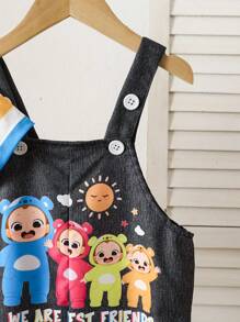 SHEIN Set de 2 piezas de camiseta a rayas de colores y pantalones tipo babero con estampado de dibujos adorables para bebé niño, perfecto para usar en verano - Multicolor - Ver 7