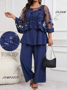 DreamSkyne Conjunto de 2 piezas de talla grande con cubierta bordada en 3D de malla + pantalones anchos de pierna ancha, elegante y casual