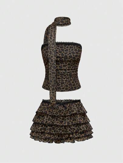 ROMWE J-Fashion 2 件 Y2K 复古格子印花蛋糕迷你短裤套装（女款）