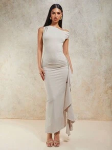 COSMINA 女士优雅杏色无袖镂空侧腰连衣裙，适合度假女士长裙舞会礼服女士正式 - 杏色 - 查看 3