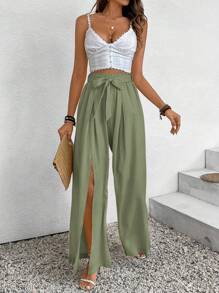 SHEIN Frenchy 女士纯色扭纹打结腰部开衩系带宽松长裤，非常适合度假 - 薄荷綠 - 查看 4