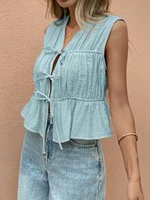 SHEIN Frenchy 女士度假休闲纯色系带无袖衬衫 - 藍色 - 查看 4