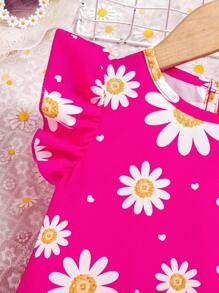 Baby Girl Daisy Print Ruffle Hem Cap Sleeve Dress, Summer - Multicolor - View 6