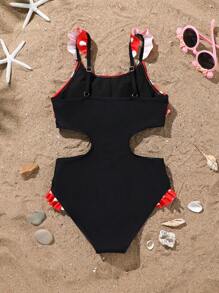 1pc Girls' Cute One-Piece Ruffled Swimsuit With White Polka Dot Pattern On Red Background, Ruffled Straps & Hem - Multicolor - View 2