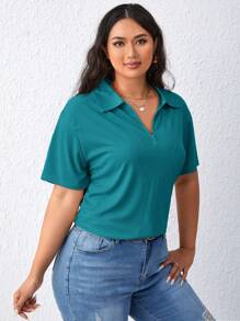 SHEIN Essnce Plus Size Casual Versatile Solid Color Short Sleeve T-Shirt,Business Casual Woman - Blue - View 5