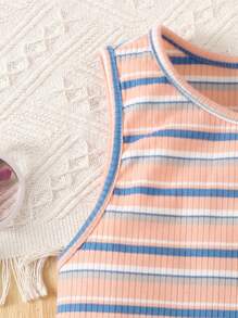 SHEIN Regata casual de férias com gola redonda, de tricô, colorida e listrada, para meninas pré-adolescentes