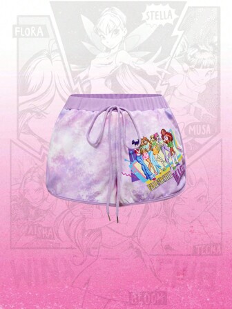 Winx Club X ROMWE Pantalones cortos casuales de verano con patrón de retrato de dibujos animados efecto tie-dye