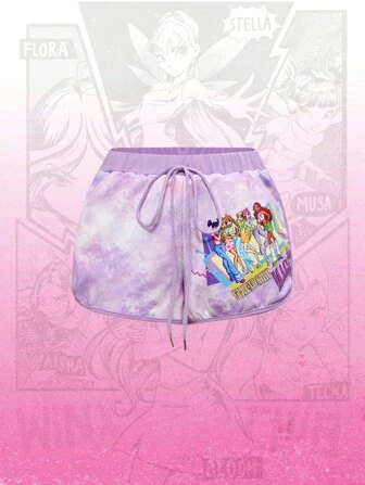 Winx Club X ROMWE Pantalones cortos casuales de verano con patrón de retrato de dibujos animados efecto tie-dye