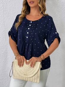 EMERY ROSE Plus Size Women's New Polka Dot Printed Round Neck, Toothpick Buttons Decor, Half Sleeve Adjustable Loose Elegant Casual Shirt - Multicolor - View 4