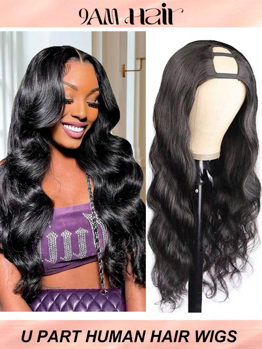 U 部分人发假发波浪 U 部分假发人发适合无胶假发人发夹升级自然假发初学者友好中分 - Natural Black - 查看 1