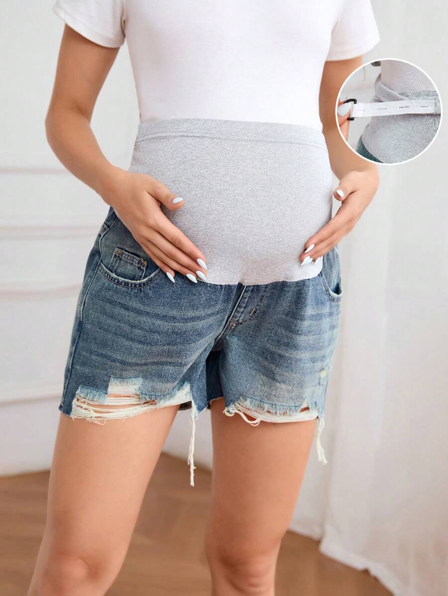 SHEIN Maternity Adjustable Waist Pocket Distressed Casual Denim Shorts