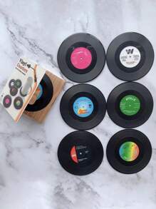 SHEIN 6 件装复古黑胶唱片杯垫，防滑耐热 CD 杯垫，带礼品盒、咖啡杯垫 - 彩色 - 查看 7