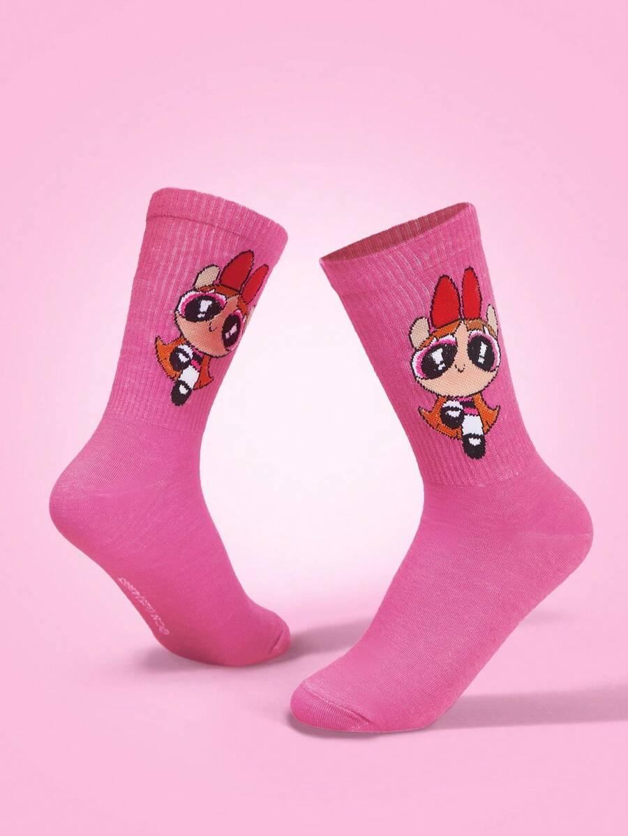 THE POWERPUFF GIRLS X SHEIN 1 Pasang Kaos Kaki Wanita Motif Bunga Kartun Lucu - Hot Pink - View 1