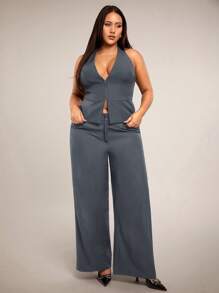 SHEIN BAE Pantalones largos de mujer de talla grande para primavera/verano, de corte holgado/ajustado, negros con bolsillos, de pierna recta y ancha, de oficina, de tiro bajo/medio, aptos para salidas de San Valentín, meriendas, trabajo, escuela, carnavales, playa, vacaciones, vuelta al cole, chica cool