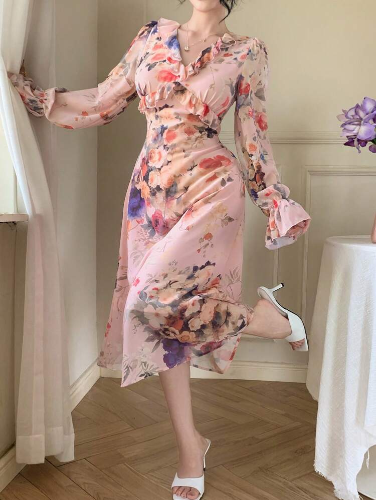 Women's Fall Rose & Ditsy Floral Chiffon Midi Dress With Ruffle Hem & Cinched Waist Long Sleeve Dress