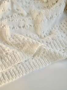 SHEIN EZwear Plus Size Women Solid Color Tie Front Hollow Long Sleeve Sweater - White - View 5