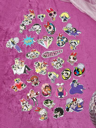 THE POWERPUFF GIRLS X SHEIN Pegatinas con patrón de Flor, Burbujas y Buttercup de caricatura, pegatinas de papel lindas DIY para estudiantes