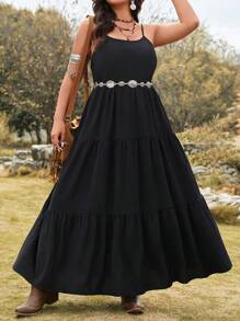 SHEIN LUNE Plus Size Women Sleeveless Black Adjustable Backless Cinched Waist Waist Casual Vacation Dress