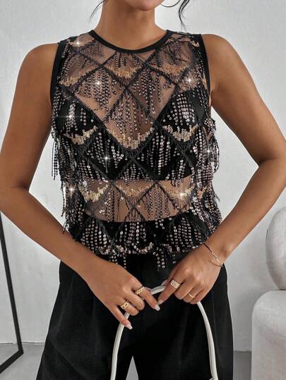 Siren Gaze Women's Casual Music Festival Mesh See-Through Sequin Cropped Tank Top,See Through Top Party Summer