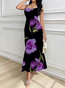 Modelyn Romantic Floral Casual & Simple Belted Ruched Hem Slip Dress - Multicolor - View 1