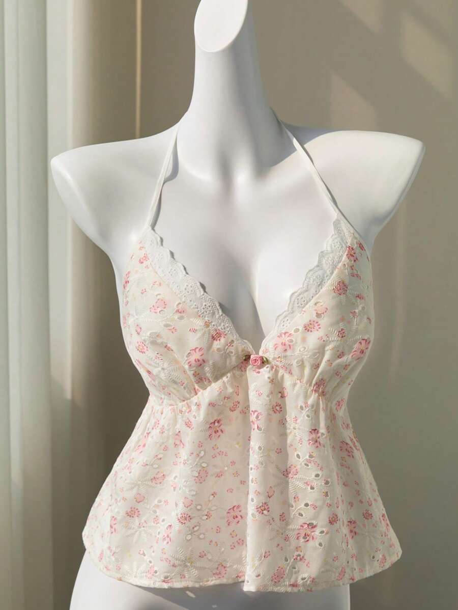 Elamini 粉色花卉印花镂空刺绣蕾丝拼接前系带露背吊带背心，甜美性感，适合春夏季 - 粉色 - 查看 1