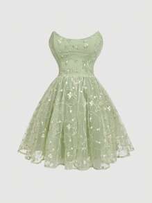 SHEIN MOD 绿色刺绣网眼蓬松抹胸连衣裙 - 彩色 - 查看 1