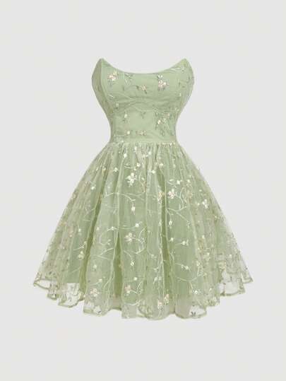 SHEIN MOD 绿色刺绣网眼蓬松抹胸连衣裙