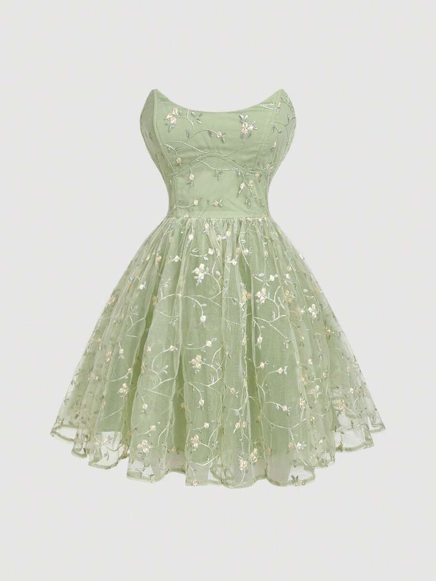 SHEIN MOD 绿色刺绣网眼蓬松抹胸连衣裙 - 彩色 - 查看 1