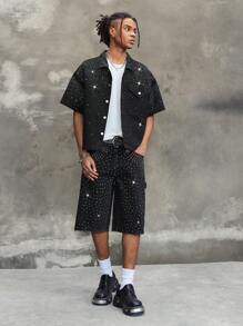 ROMWE MEN ROMWE Avant Pantalones cortos vaqueros (jorts) de hombre con decoración de strass, de moda de vanguardia para el verano