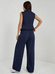 SHEIN PETITE Setelan Musim Gugur Dua Potong 2pcs/Set Wanita Atasan Tanpa Lengan dan Celana Warna Polos, Pakaian Musim Gugur Biru Tua, Wanita Bertubuh Mungil - Navy Blue - View 3