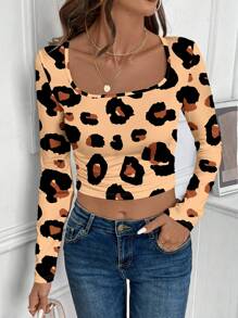 SHEIN LUNE 女士休闲修身豹纹方领长袖 T 恤，适合作为秋冬季内衣 - 彩色 - 查看 6