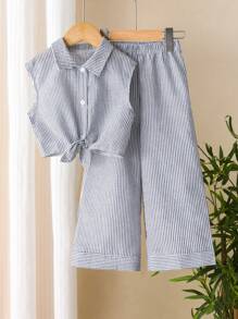 SHEIN 2 件女童条纹编织棉质短袖衬衫和阔腿裤套装，休闲度假风格，春夏 - 淺灰紫 - 查看 1