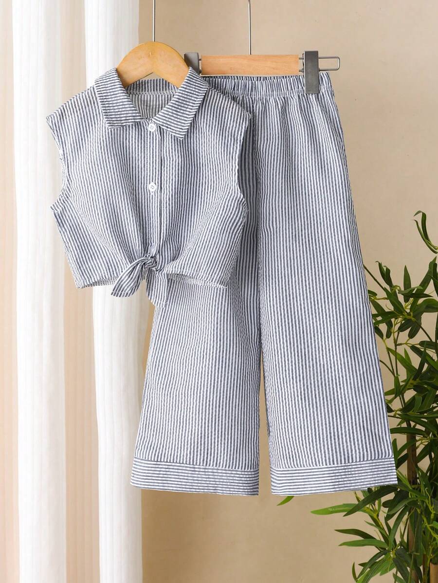 SHEIN 2 件女童条纹编织棉质短袖衬衫和阔腿裤套装，休闲度假风格，春夏 - 淺灰紫 - 查看 1