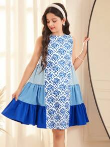 SHEIN Tweens Girls' Loose Elegant Round Neck Color Block Splice Side Layered Ruched Ombre Color Dress - Blue - View 4