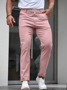 Manfinity Homme Men's Pink Cropped Suit Pants: Woven Fabric Dress Pants With Zipper Detail