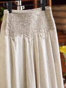 Franclia Pantalon ample et décontracté à jambes larges en lin brodé