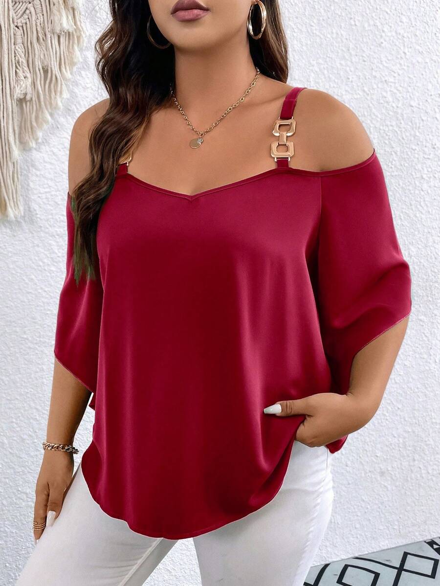 SHEIN Clasi Christmas Plus Size Women's Solid Color Sleeveless Shirt With Metal Decor - Burgundy - View 1