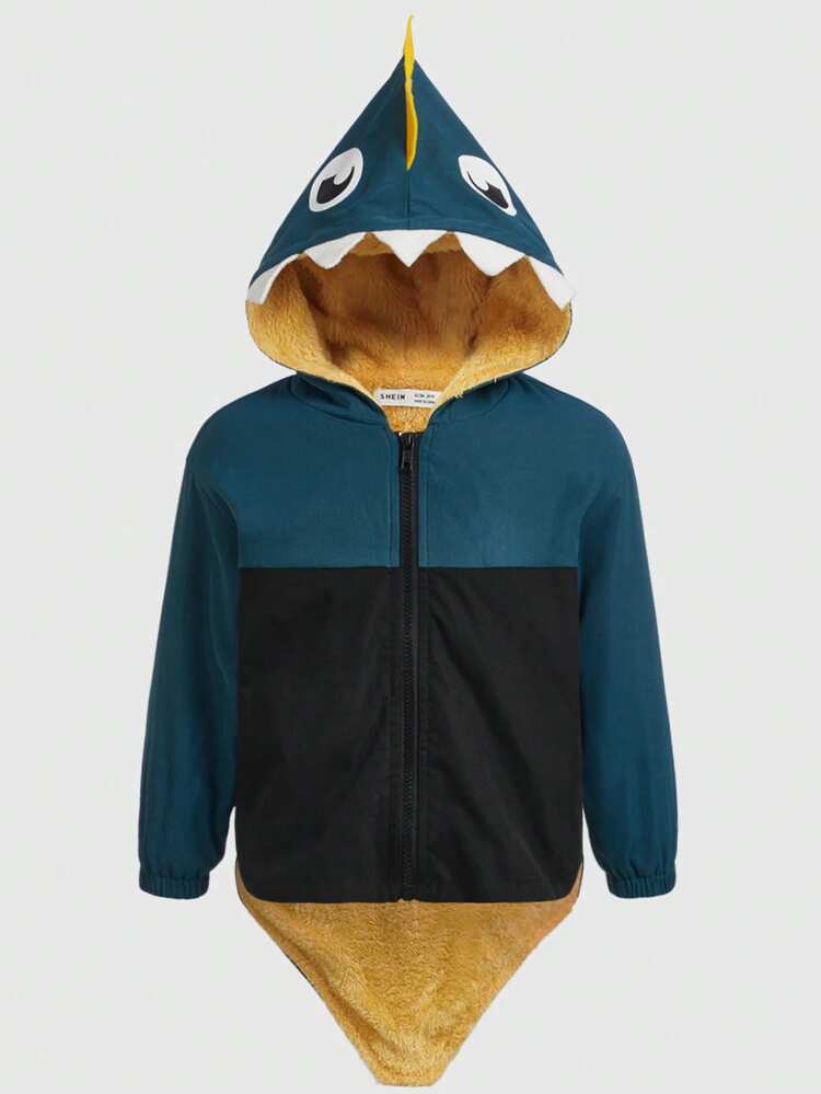 Boys' Cute & Comfortable Color Block Cartoon Pattern Applique Hooded Jacket, Winter
