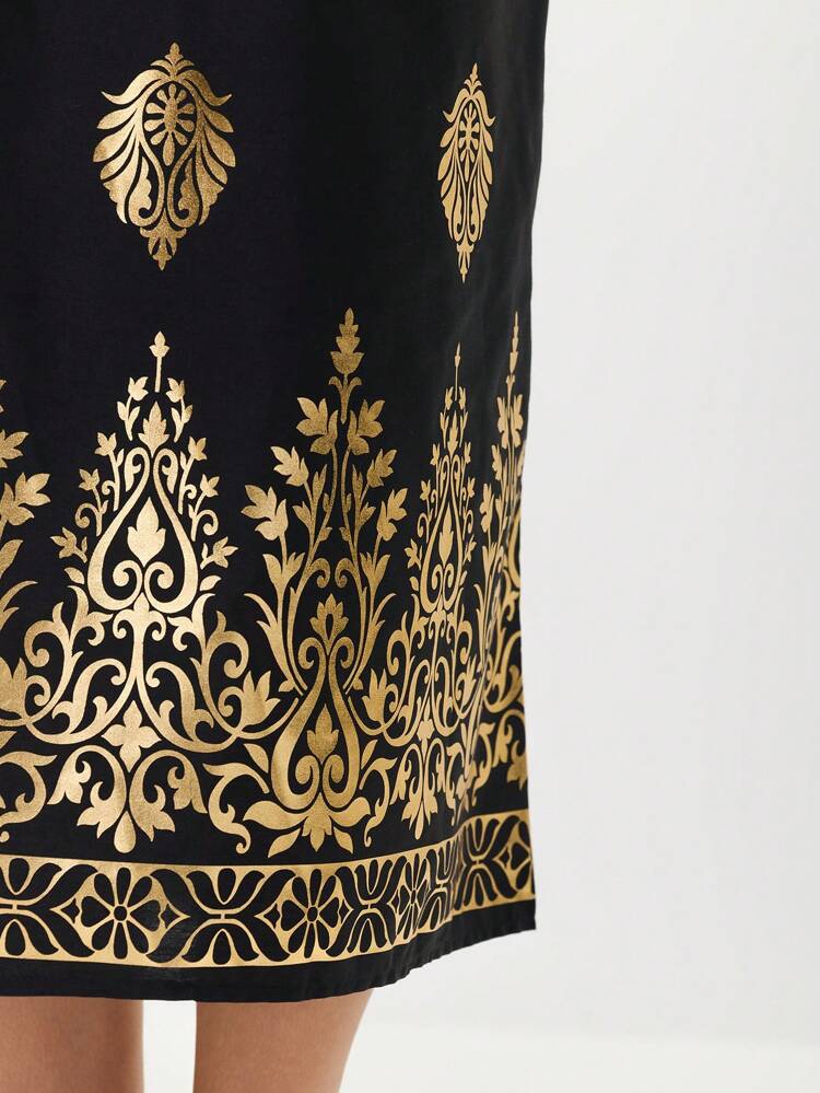 Women's Foil Print V-Neck Flare Sleeve Dress, Elegant